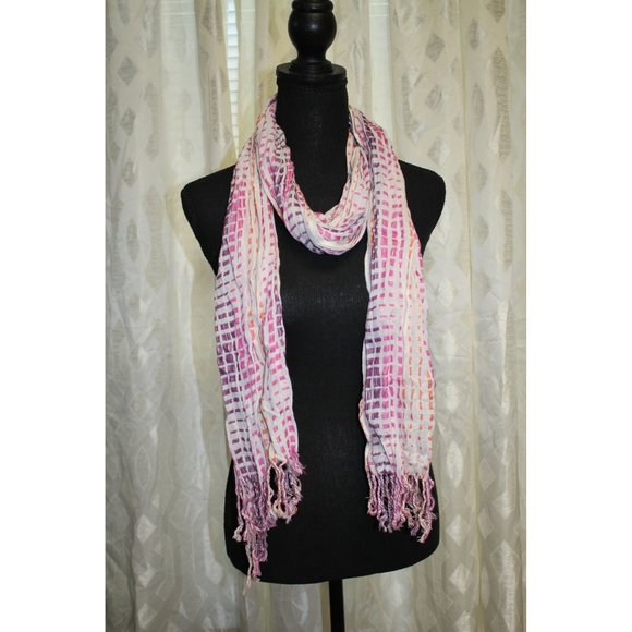 Scarf /73 inches / Cream scarf with purple, pink and orange. - Picture 3 of 8